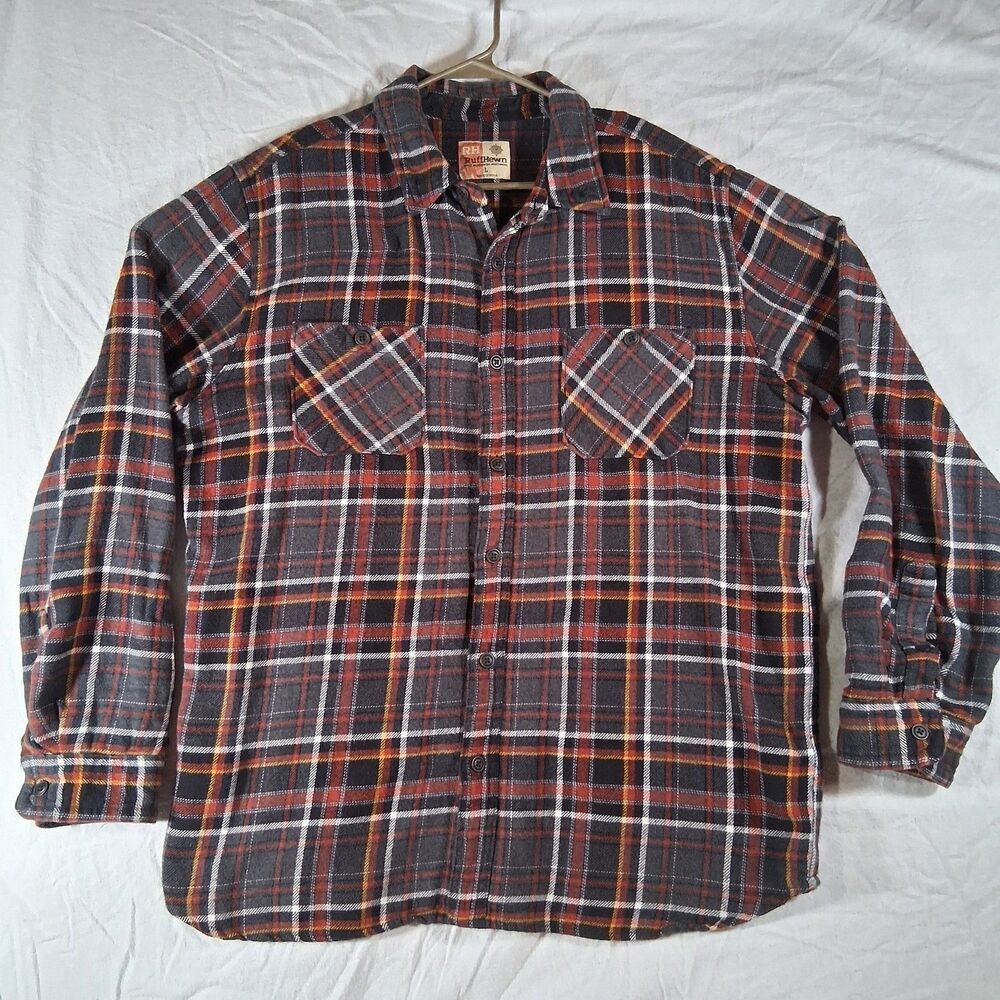 RUFF HEWN Long Sleeve Mens Flannel Shirt Large Made In USA Grey Red Wht Plaid